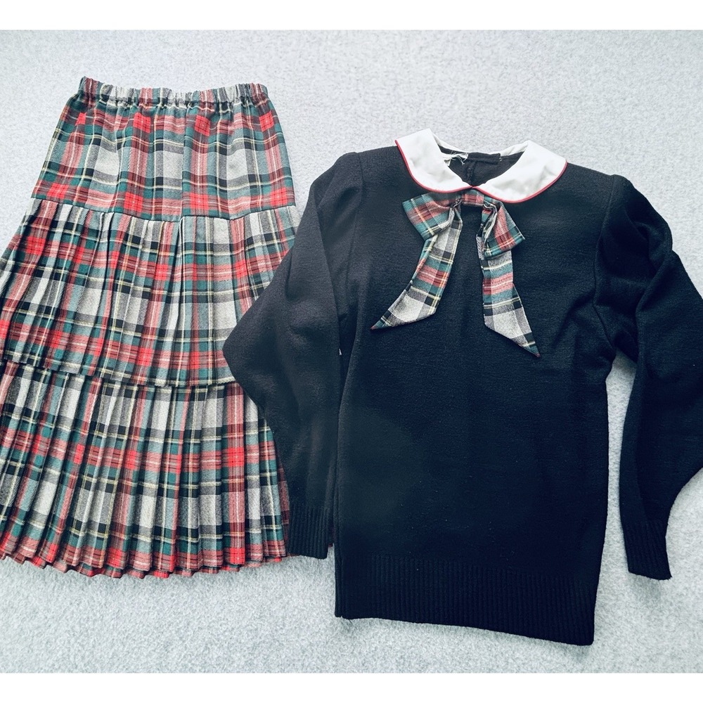 Vintage 80s Tartan Plaid 2pc Skirt Set Black Sweater Pleated Tiered Holiday 7/8 - Picture 4 of 15